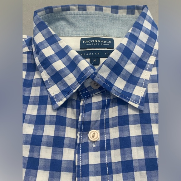 Faconnable ~ Long Sleeve Button-Down Shirt in Blue/White Check Size M - Picture 4 of 12